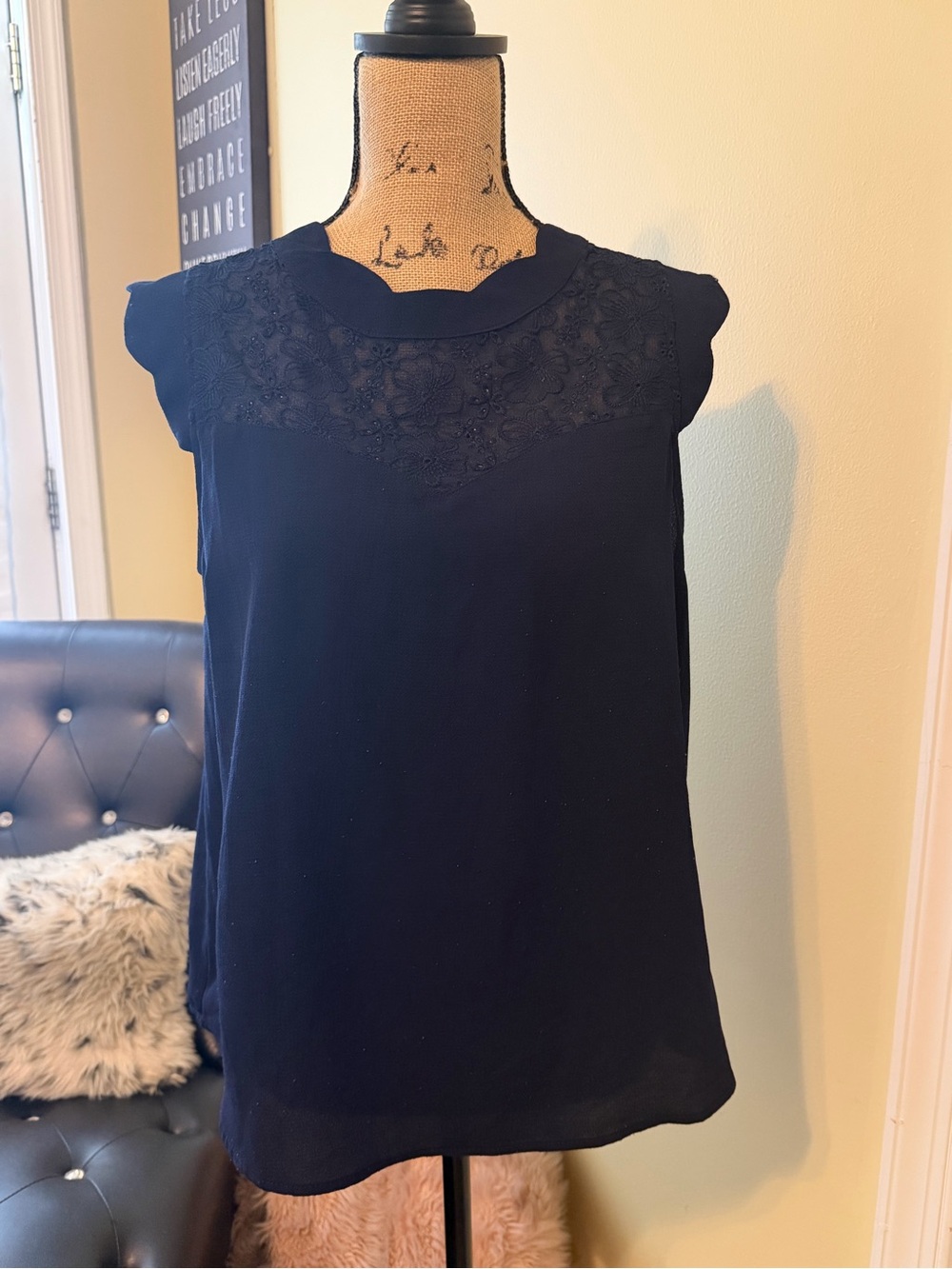 Monteau Navy Lace Yoke Cap-Sleeve Blouse